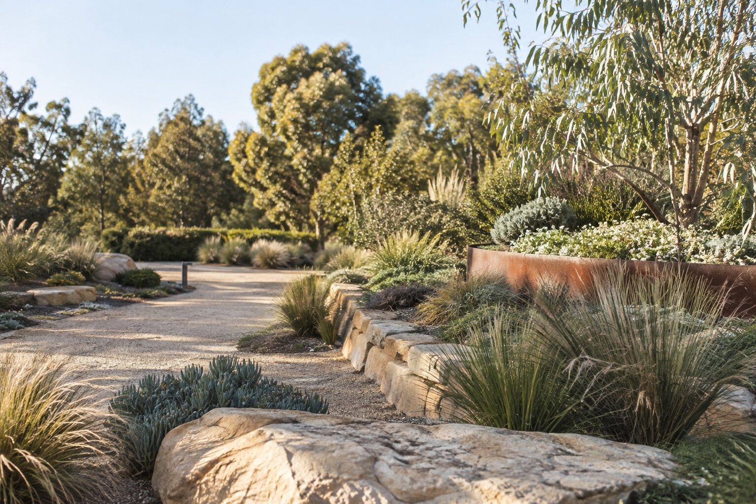 Water-wise landscaped garden path with native planting