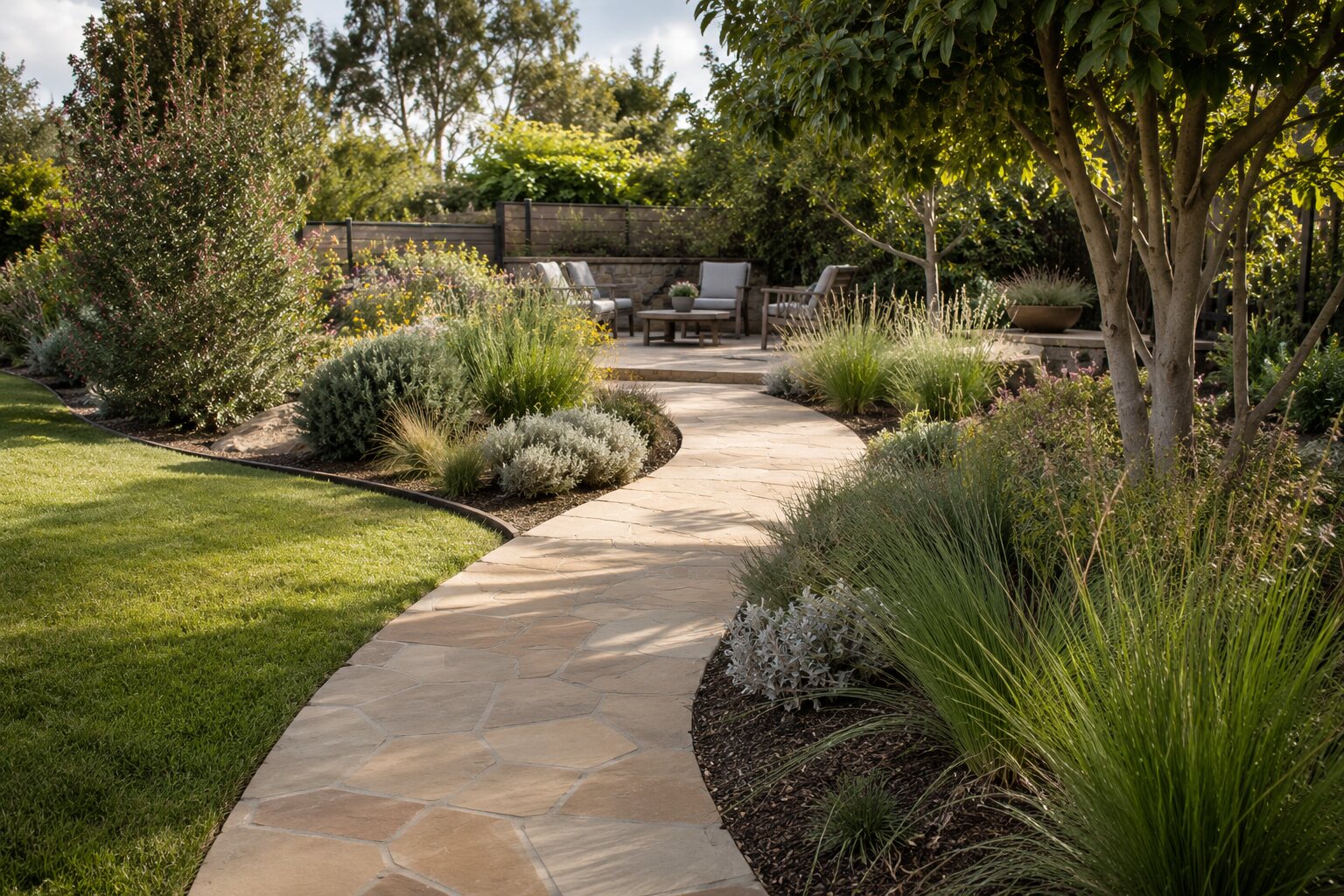 Curved paved garden path leading to an outdoor patio